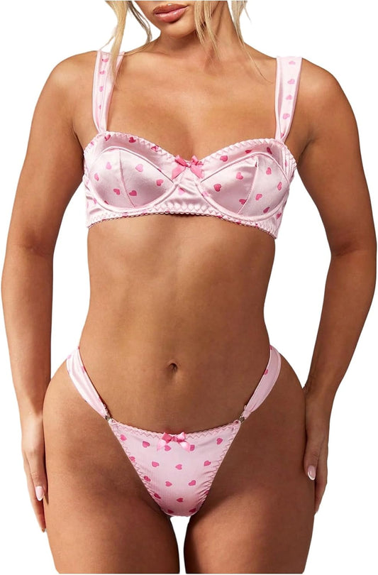 MakeMeChic Women's 2 Piece Sexy Lingerie Sets Satin Heart Print Bow Underwire Bra and Thongs Set