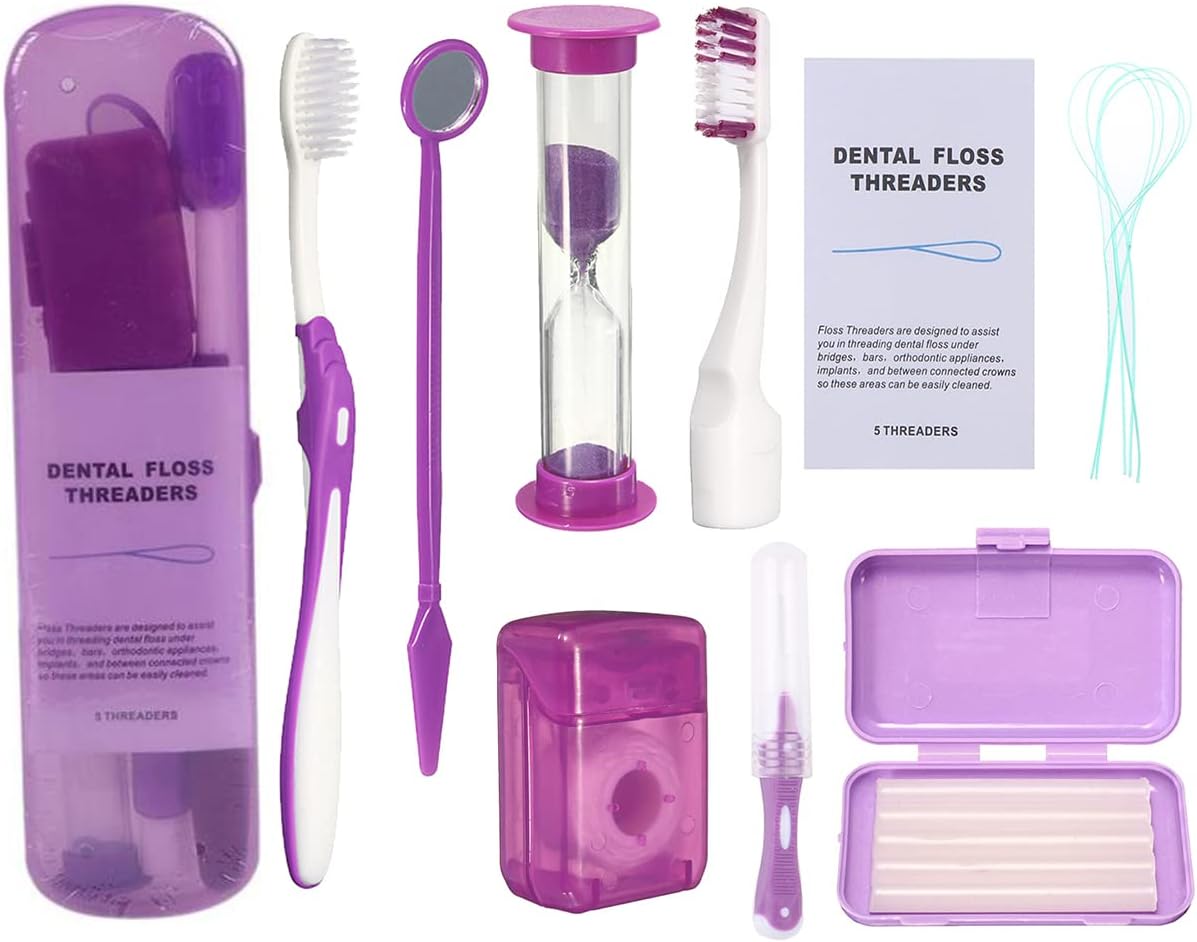 Braces Cleaning Kit for Teeth, Portable Orthodontic Toothbrush Kit Oral Care Dental Travel Kit - Interdental Brush Dental Wax Dental Floss Toothbrush Box (Purple B)