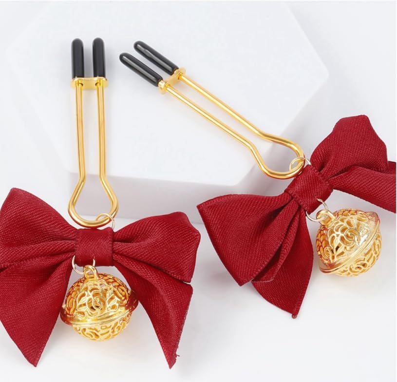 2Pcs Nipple Clamps, Adjustable Non-Piercing Body Jewelry with Bowknot Bells (red2)