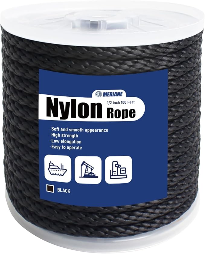 MERIANE Black Nylon Rope 1/2inch 100FT â Multipurpose Solid Braided Rope â Ideal Use for Camping, Clothesline, Marine, Flag Line â Abrasion & UV Resistant â Shock Absorption Rope for Indoor Outdoor