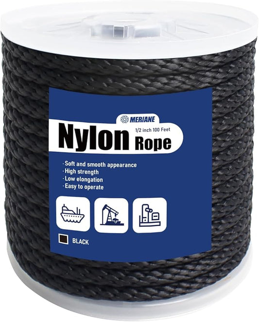 MERIANE Black Nylon Rope 1/2inch 100FT â Multipurpose Solid Braided Rope â Ideal Use for Camping, Clothesline, Marine, Flag Line â Abrasion & UV Resistant â Shock Absorption Rope for Indoor Outdoor