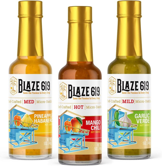 Blaze 619 Gourmet Hot Sauce Gift Set, Pineapple Habanero, Mango Chili, Garlic Verde, All Natural, Gluten Free, Vegan, Low Sodium, 5oz Bottles, 3 Pack