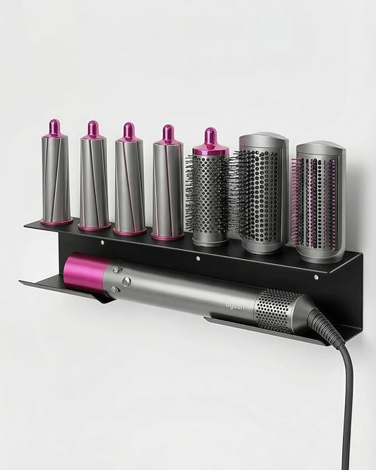 Dyson Airwrap Holder, Aluminum Dyson Airwrap Wall Mount with 7 Custom Slots&Cable Hook, Dyson Organizer Wall Mounted for Bathroom Salon Adhesive or Screw Black PTALSEAW