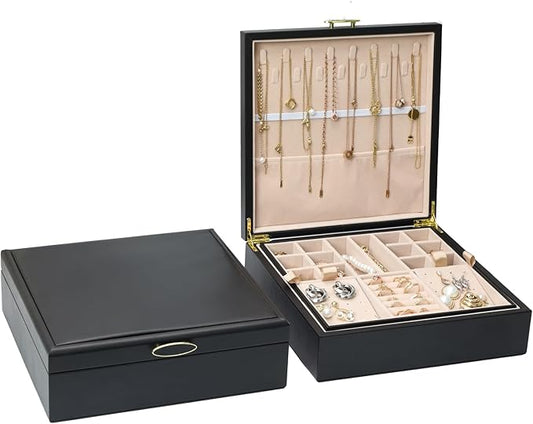 2-layer jewelry boxï¼Jewelry Organizer with Handleï¼with hanging necklace hooks, detachable jewelry trays, suitable for storing a large amount of jewelry gift box (Large-Black)