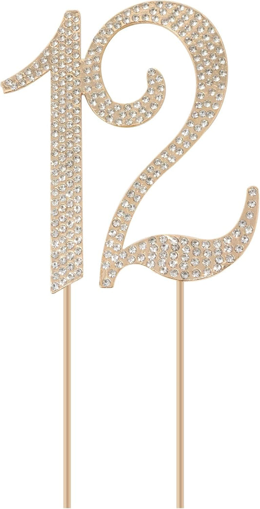 Honbay 12 Birthday Cake Topper Sparkling Bling Alloy Crystal Rhinestones Cake Topper Cake Decoration for 12th Birthday or Anniversary Party (Gold)