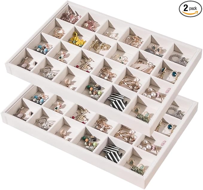 2pcs/Set Velvet Jewelry Tray, 24 Grids Large Storage Tray for Bracelet Bangle Beads Display, Jewellery Organizer Box Tray for Home Drawer or Shop Store Selling Show (Beige Velvet)
