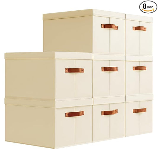 Storage Bins with Lids - Large Fabric Closet Bins with Lid, 8 Pack Clothes Organizers and Storage, Collapsible Stackable Cube Basket for Home, Office, Dorm, Beige