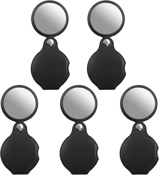 10X Magnifying Glass Loupe Set - 5 Pack Premium Optical Glass Lens Pocket Magnifiers with 360° Rotating Leather Case for Reading, Jewelry Inspection, Hobbies & Class (Compact & Portable)