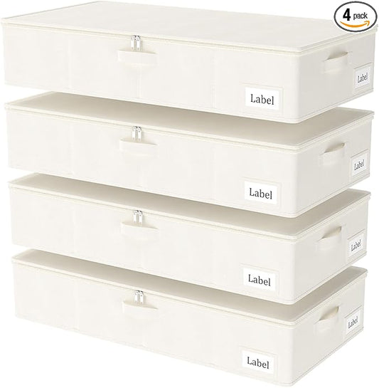 Yawinhe Foldable Underbed Storage Bags, Containers Bin with Lids, Large Under Bed Organizer Box, with Sturdy Zipper und Label Holders, for Clothing, 31.5''Lx15.7''Wx6''H, 4 Pack, Beige