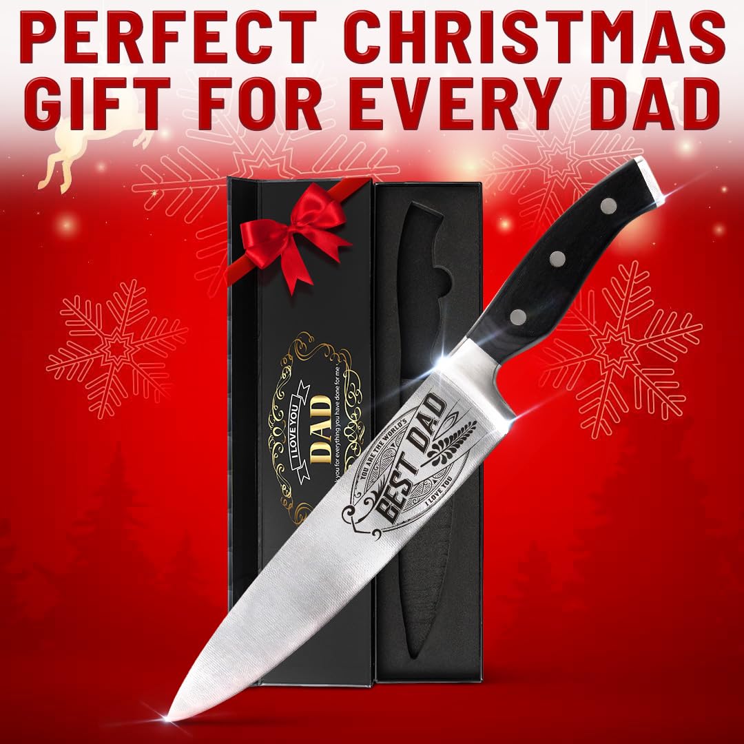 CUTLINX Birthday Gift BEST DAD - Premium Chef Knife Gift - 8 in. Stainless Carbon Steel Kitchen Knive w/Pakka Wood Handle - Father's Day, Christmas, Housewarming, Anniversary, Holiday Gifts