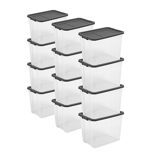Sterilite 12-Pack Modular Stacker Box, Durable Clear Plastic Storage Bins with Latching Lids, 108 Quart - Stackable Organizing Container Boxes for Closet, Bathroom, and Office