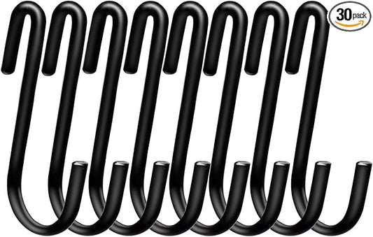 ESFUN 30 Pack 2.4 inches S Hooks for Hanging on Wire Shelves, Black S Shaped Hanging Hooks Hangers Pan Holder Pot Wire Rack Hooks for Kitchenware Spoons Pans Pots Utensils Jeans Bags Towels Plants,