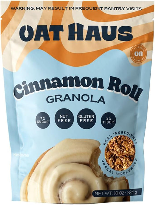 Oat Haus Cinnamon Roll Granola (10 oz Bag) – Low Sugar (7g), 3g Fiber, Gluten Free, Vegan, Nut-Free – Cinnamon Swirl Crunch, Resealable Pouch