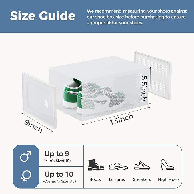 DUMOS Clear Shoe Storage Boxes, 12-Pack Plastic Stackable Shoe Containers with Lids, Display Sneaker Case Organizer for Closet, Under Bed, Entryway,White (Fit Size 9)
