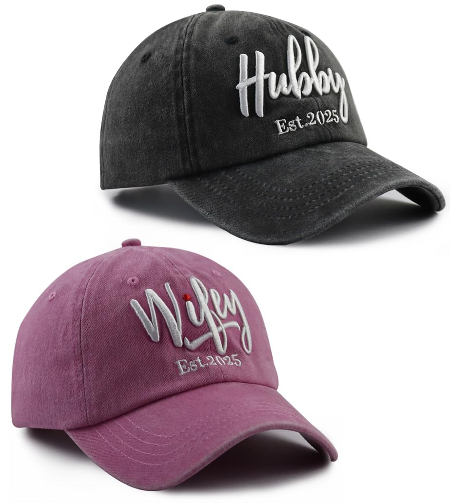 MANMESH HATT Wifey Hubby 2025 Couples Matching Dad Hats, Mr and Mrs Hat, Bride and Groom Hats, Newlywed Honeymoon Wedding Gifts Baseball Caps for Men and Women Dad Mom Wife Husband 2025 Black Pink