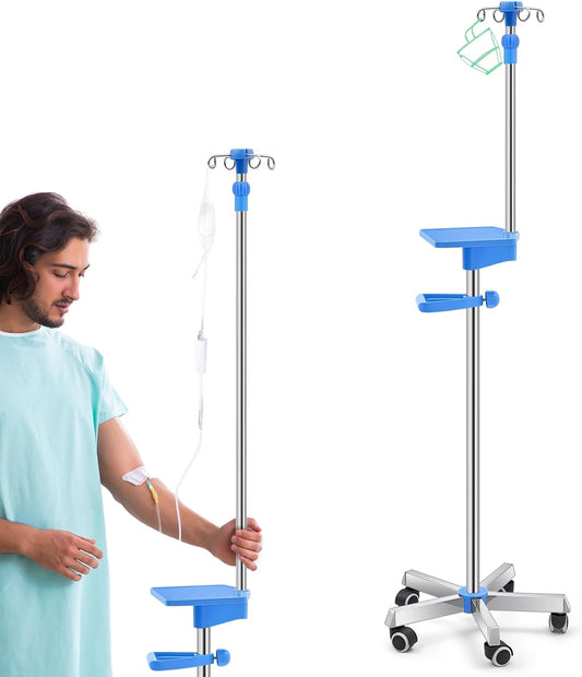 Medical Iv Pole with Wheels, Stainless Steel Adjustable 43.3" to 78.7" Height, Iv Stand with 4 Hook, 5 Caster Base, Tray & Hanging Net for Hospital, Home Infusion Practice and Therapy(Blue,Classic)