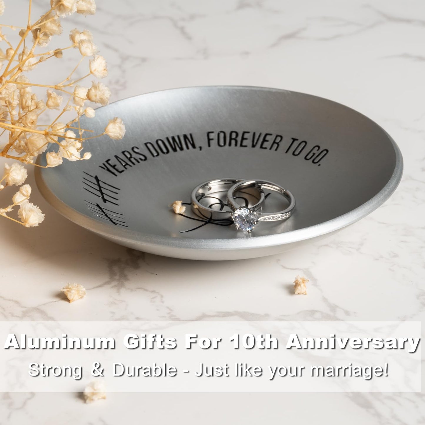 10th Anniversary Aluminum Gifts for Her/Him, 10 Year Wedding Anniversary for Wife Husband Couple Parents, 4" Ring Holder Dish Jewelry Tray - Decoration Ideas Tin Gift for Men Women