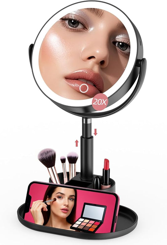 Shinowa Makeup Mirror with Lights, 1X/20X Lighted Magnifying Mirror with Storage for Makeup & Jewelry, 2-Sided Height Adjustable Vanity Mirror with 3 Color Lights, 360Â° Rotation & Rechargeable, Black
