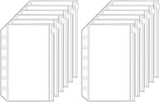 Antner 12pcs A7 Mini Binder Pockets with Zipper, 6 Holes Cash Envelopes for Budgeting, Loose Leaf Bags for A7 6-Ring Budget Wallet Binder, Clear Planner Insert Pouches - 13.3cm x 8.7cm