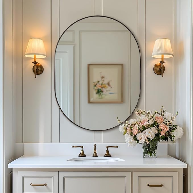 ANDY STAR 24x32'' Oval Bathroom Mirror, Bronze Oval Mirror Pill-Shaped Design in Stainless Steel Metal Frame for Bathroom, Entryway, Living Room, Contemporary 1" Deep Wall Mount Vertical or Horizontal
