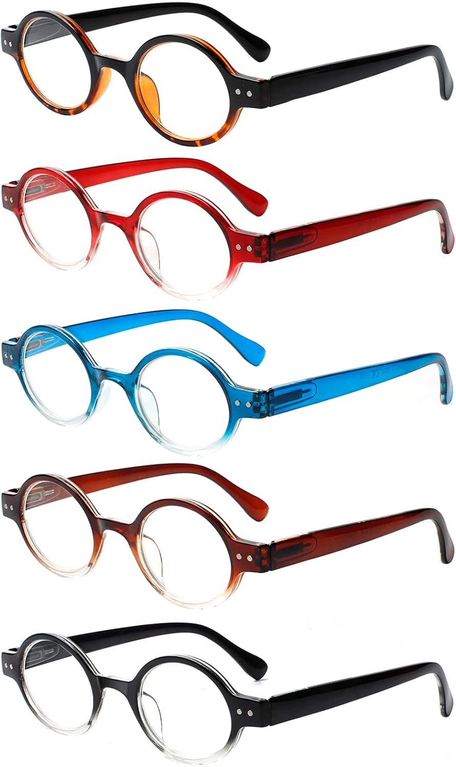 JOSCHOO 5 Pack Retro Round Reading Glasses Mini Small Comfortable Readers for Women Men (5 Mix-2, 3.0)