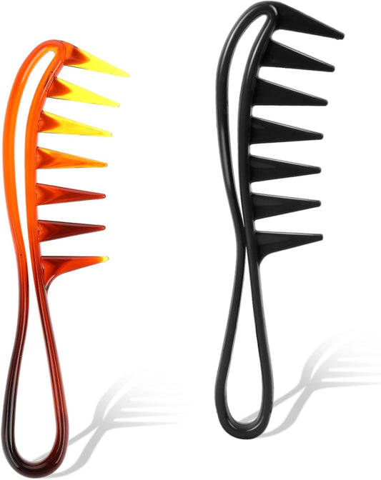 2 Pcs Large Tooth Combs, Curl Comb for Brushing out Curls Wide Tooth Comb Curl Hair Brush Durable Plastic Curly Hair Combs for Women, Hairstyling Tools for Wet Wavy Hair Wigs (Black,Amber)
