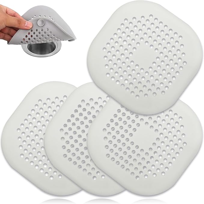 4 Pack Drain Hair Catcher Durable Silicone Hair Stopper Shower Drain Covers Easy to Install and Clean Suit for Bathroom Bathtub and Kitchen (Square White 4Pack)