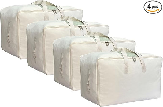Soft Large Canvas Storage Bags with Zipper and Clear Window, Cotton Linen Storage for Pillows, Quilt, Blankets and Comforter, 80L, 4 Pack, Beige