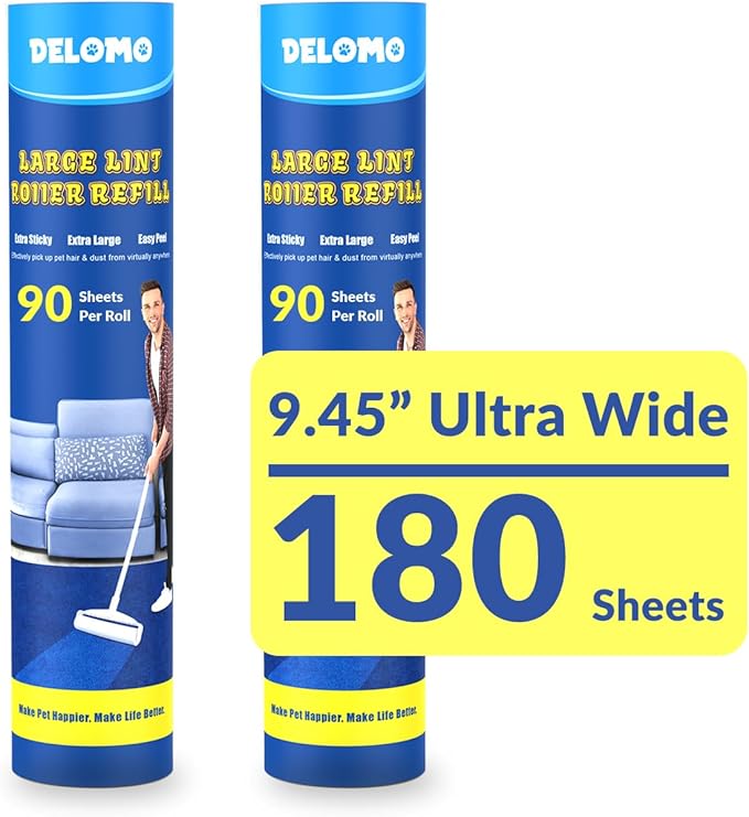 Lint Roller Refills (2 Pack, 180 Sheets) â DELOMO 9.45 in Large Lint Roller Refill, Compatible Only with DELOMO Large Lint Roller, for Cleaning Carpets, Cars, Beds, Couches & Pet Hair