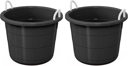 17 Gallon Black Utility Bucket 2-Pack, Flexible Plastic Storage Tub with Reinforced Rope Handles, Multi-Functional Foldable Container for Home, Outdoor, Garage & Gardening