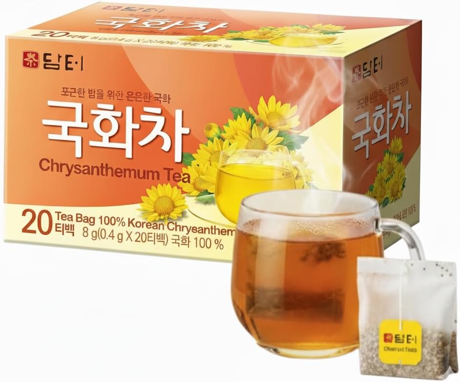 Damtuh Chrysanthemum Tea Bags, Korean Herbal Flower Tea, Caffeine-Free Soothing Floral Tea, 20 Tea Bags