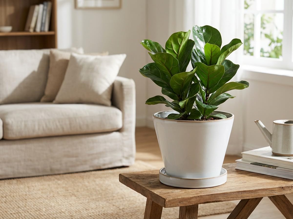Wavy Studio Glazed Ceramic Planter with Drainage Hole & Saucer for Indoor Tropical Plants, Reactive Glaze Plant Pot (White, 6")"