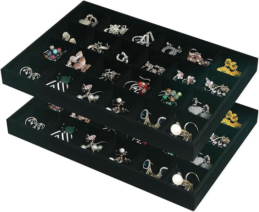 2pcs/Set Velvet Jewelry Tray, 24 Grids Large Storage Tray for Bracelet Bangle Beads Display, Jewellery Organizer Box Tray for Home Drawer or Shop Store Selling Show (Black Velvet)