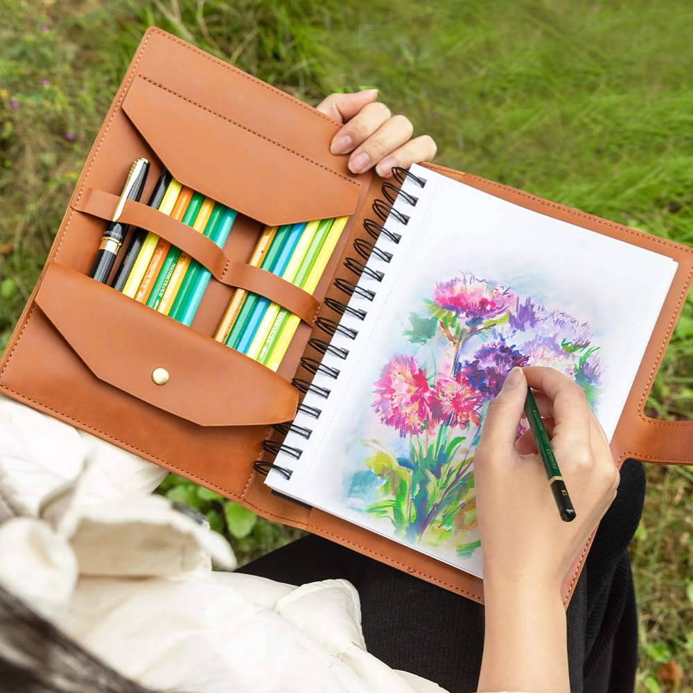 CALLIE PU Leather Sketchbook Cover Personalized Birth Flower - Custom Engraved Name on A5 Notebooks Cover, Birthday Gifts Christmas Gifts for Painter Teachers