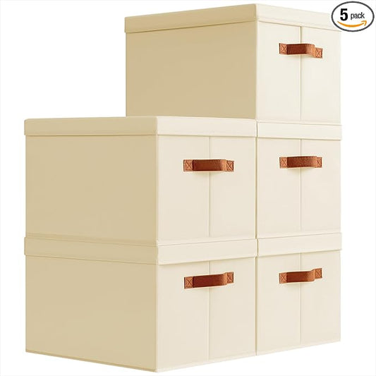 Storage Bins with Lids - Large Fabric Closet Bins with Lid, 5 Pack Clothes Organizers and Storage, Collapsible Stackable Cube Basket for Home, Office, Dorm, Beige