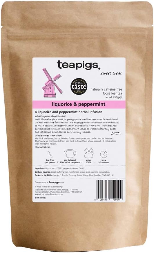 Teapigs Liquorice and Peppermint Loose Tea Made With Whole Tea Leaves, Natural Ingredients, Non-GMO, Caffeine-Free â€“ 1 Pack of 250g Loose Tea