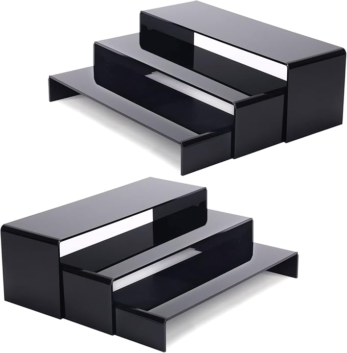 ANDGOO 6Pcs Large Acrylic Risers, 2 Set(11.2âL~11.6âL~12âL) Black Rectangular Showcase Collectibles Display Shelf, Retail Desktop Display Stand for Organize and Decoration