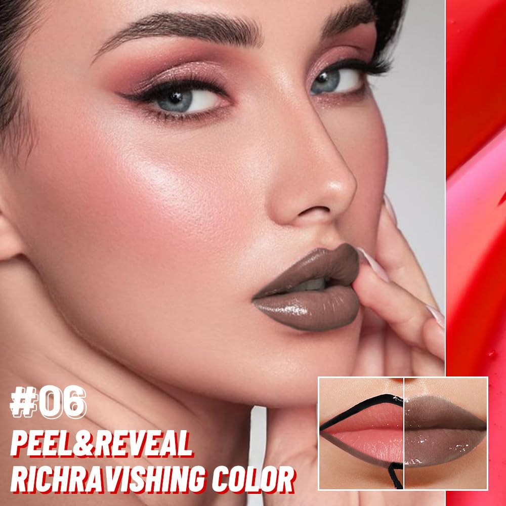 Brown Lip Stain Peel Off Lip liner and Lip oil with Tweezer, Dual-Ended Peel Off Lip Stain Tattoo, Highly Pigmented Long Lasting Waterproof, Transfer-proof for All Skin Types, 06#