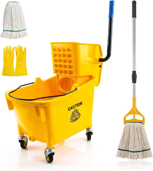 Chasesun 35 Quart Commercial Mop Bucket with Side Press Wringer on Wheels, Industrial Mop and Bucket Set with Loop-End Mop Head, Gloves and Microfiber Cloth, Heavy Duty Yellow Janitorial Cleaning Cart