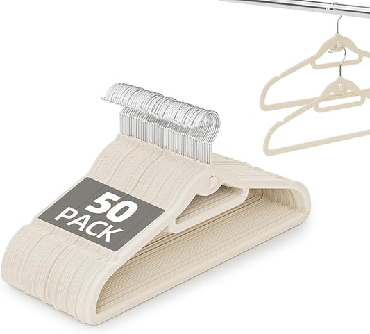Velvet Hangers 50 Pack, Non Slip Stackable Clothes Hangers with Cascading Hooks, Ultra Thin and Space Saving Felt Hangers with Tie Bar, 360Â° Swivel Hooks, Heavy Duty for Suit Coat Shirt Pant- Ivory