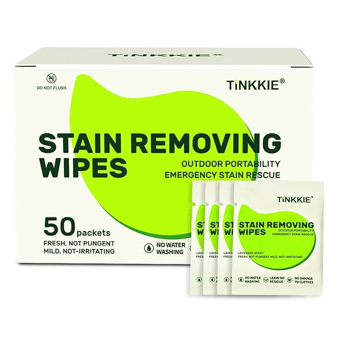 50 Pack Stain Remover Wipes for Clothes & Fabric â Instant Clothing Stain Remover for Shoes, Shirts & Jackets, Individually Wrapped Portable Wipes for Travel & On-the-Go Cleaning