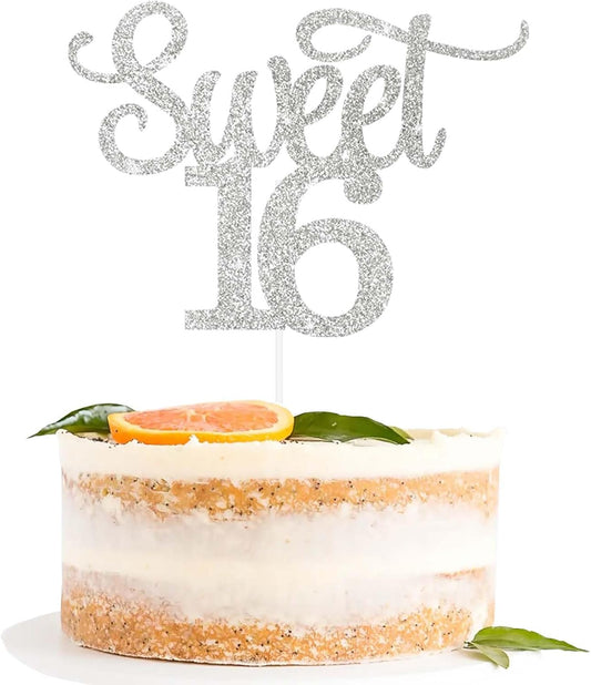 Gexolenu 1 PCS Silver Glitter Double-sided Happy Sweet 16 Cake Toppers,16th Cake Topper, Sweet 16 Birthday Cake Party Supplies, Sweet 16 Decorations for Cake, Sweet 16 Party Decorations