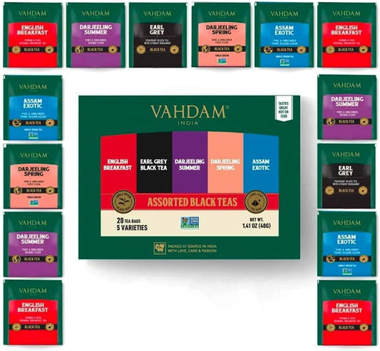 VAHDAM, Assorted Black Tea Bags Sampler (5 Flavors, 20 Ecofriendly Pyramid Tea bags) I Gift Ideas for Women & Men | Assam and Darjeeling Teas | Gluten Free & Non GMO | Gifts for Him/Her