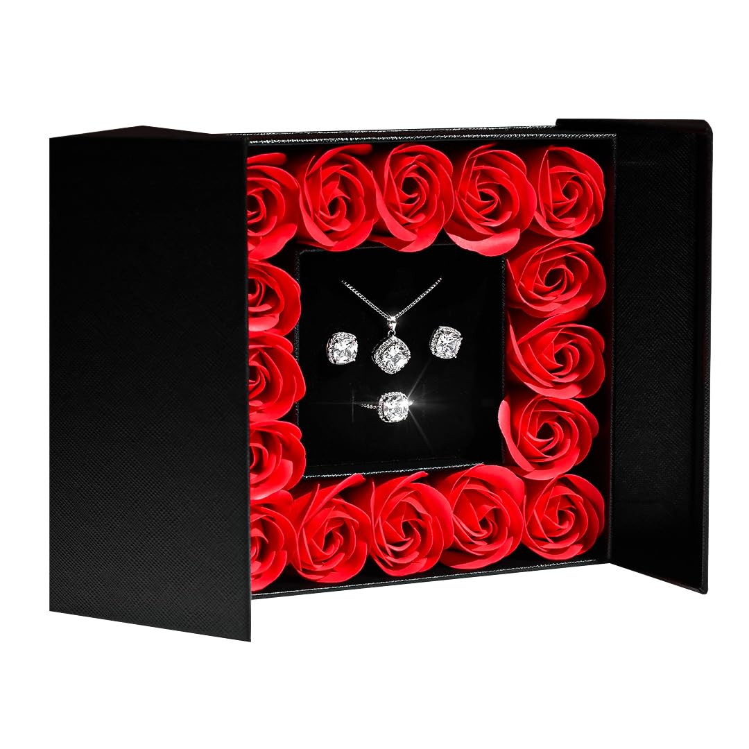 GENIRINA Preserved Rose with Necklace Gift Box - Preserved Real Rose Flowers with Cubic Zirconia Pendant Necklace, Earrings and Adjustable Ring in Beautiful Gift Box for Her Women Wife Mom Girlfriend