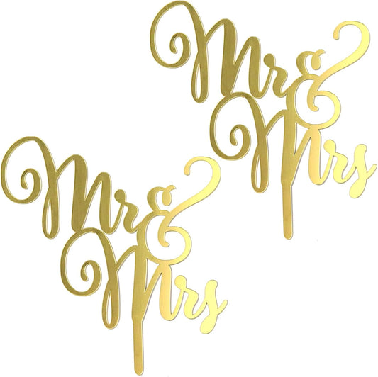 Totelux 2pcs Mr and Mrs Cake Toppers Acrylic Wedding Cake Toppers Gold Cake Pick for Bride Shower Anniversary Celebration Engagement Birthday Party Decorations Supplies