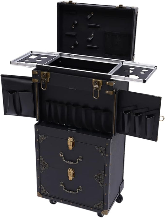 Rolling Makeup Train Case, Hairdressing Trolley Stylist Beauty Salon Cosmetic Luggage, Travel Organizer Tool Box with Hair Dryer Holder, Lockable Travel Makeup Trolley (Style 4)