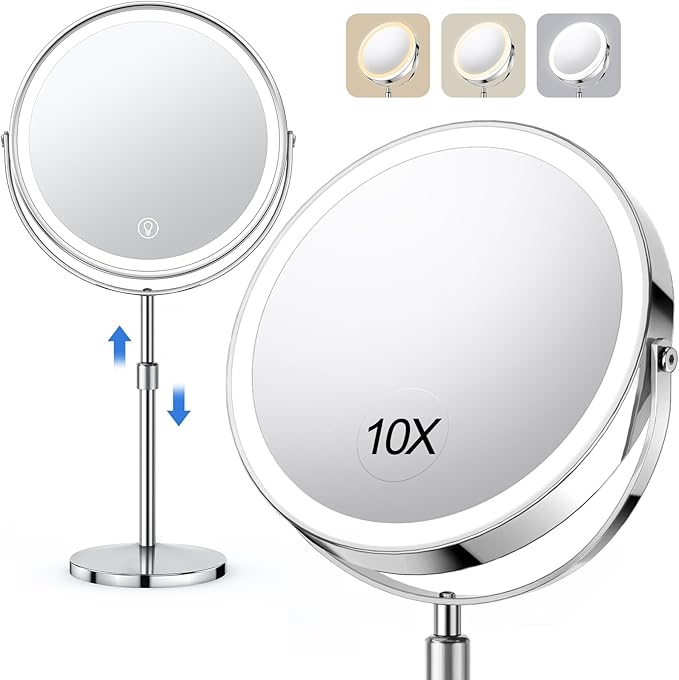 Lighted Makeup Mirror, Rechargeable Height Adjustable Double Sided, 1x/10x Magnifying with 3 Color, Brightness Adjustable, 360Â° Rotation Vanity, Gift for Women