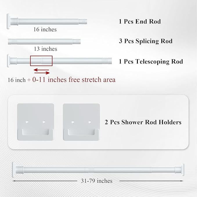 UIOSANRT White Shower Curtain Rod 31-79 inches, Stainless Steel Shower Rod & Tension Rod, Adjustable Tension Shower Curtain Rod for Bathroom, Windows, Closet