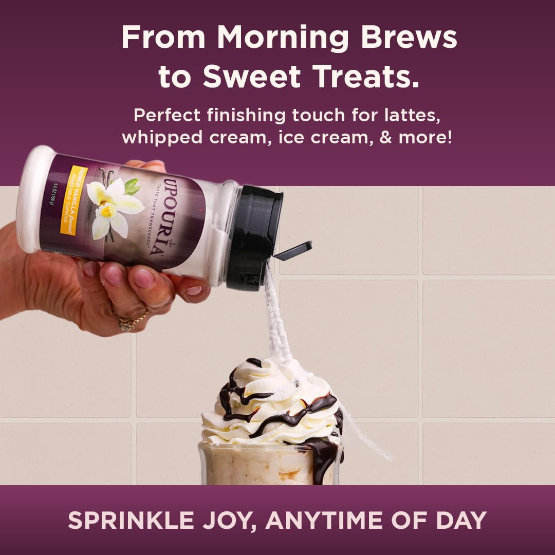 Upouria Vanilla Flavored Shakable Topping for Coffee, Lattes, Desserts, Gourmet Vanilla Taste, 5.5oz