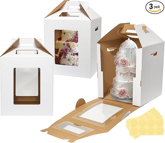 Wowxyz 3 Pack Tall Cake Boxes for Tier Cakes 12x12x14 Inch Disposable Layer Tall Baking Carrier with Window Large Tierd Bakery Take Out Transport Containers with Handle for Wedding, Birthday, Party